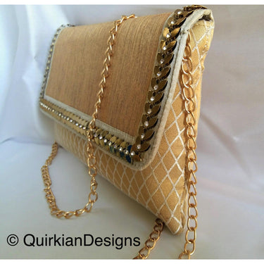 Beige, White And Copper Fabric Clutch Purse With Gold And Diamante Beads, Wedding Clutch, Party Bag